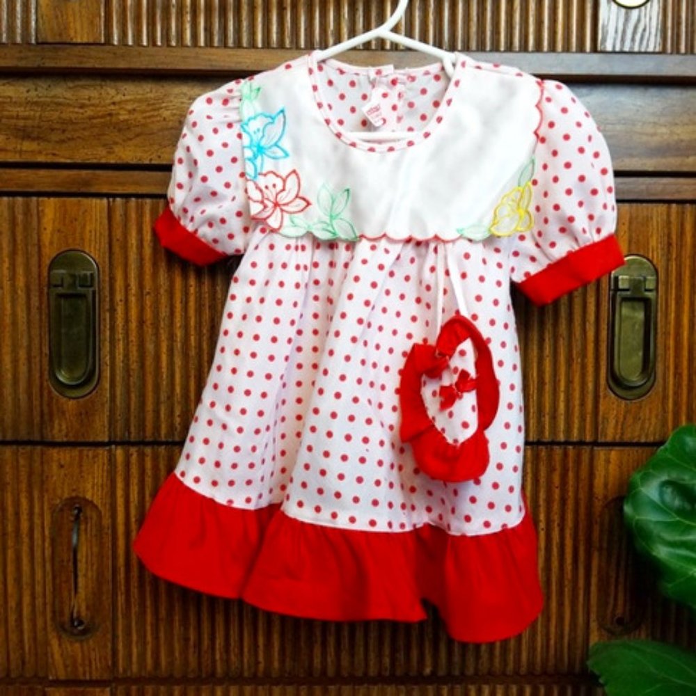 Vintage Girl s Dress Polka Dot Red 12 Months